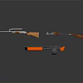 Different Types of Firearms with Orange Components on Dark Reflective Background