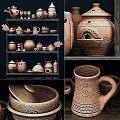 Handcrafted Ceramic Vessels in Various Styles on Wooden Shelves with Intricate Patterns