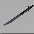 Shiny Metallic Sword With Rainbow Colored Blade And Black Handle On Reflective Surface