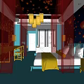 Traditional Chinese Hotel Guest Room With Red Lanterns Blue Walls Golden Decor And Bed