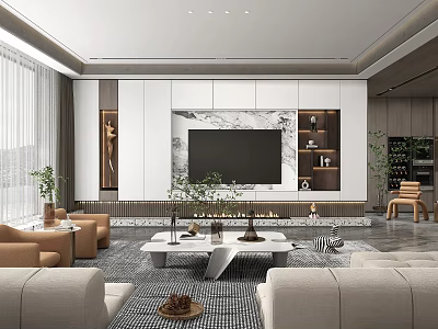 Modern Living Room Interior With Beige Sofa Coffee Table And Marble TV Wall Green Plants And Rug 3d model