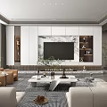 Modern Living Room Interior With Beige Sofa Coffee Table And Marble TV Wall Green Plants And Rug