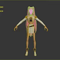 Woman With Pink Long Hair White Top Yellow Accents White Skirt And White Boots