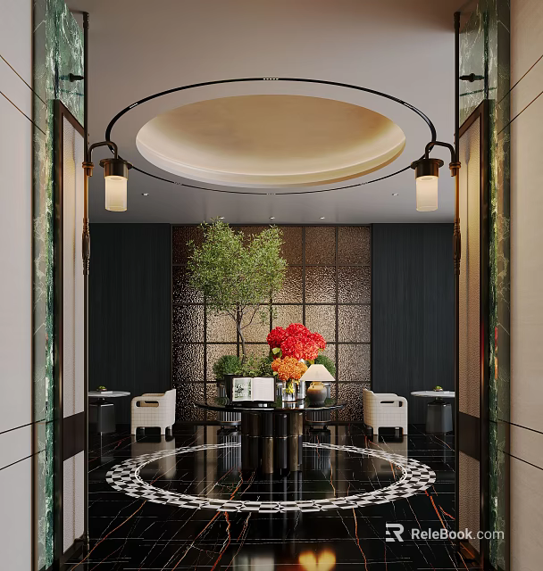 Elegant Hotel Lobby Interior With Circular Ceiling Pendant Lights Green Plant And Red Flowers 3d model 