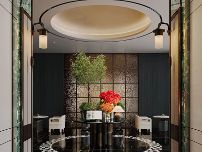Elegant Hotel Lobby Interior With Circular Ceiling Pendant Lights Green Plant And Red Flowers 3d model