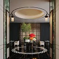 Elegant Hotel Lobby Interior With Circular Ceiling Pendant Lights Green Plant And Red Flowers