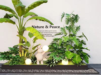 Lush Green Plants Decorative Display With Nature Peace Theme Rabbit Ornament And Globe Lights 3d model