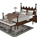 Classic Dark Wooden Double Bed With Crown Headboard Blanket Pillows Nightstands Lamps Footstool And Rug
