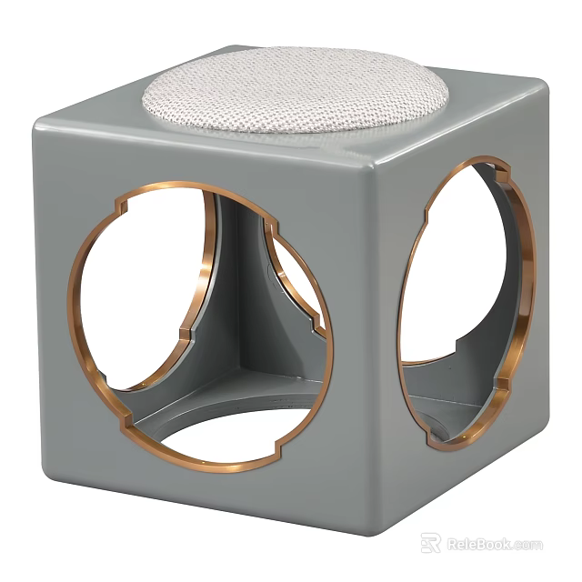 Gray Cube Shaped Stool with Padded Seat and Gold Circular Cutout Details 3d model 