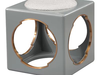 Gray Cube Shaped Stool with Padded Seat and Gold Circular Cutout Details 3d model