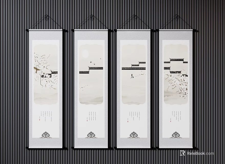 Chinese Traditional Scroll Paintings With Plum Blossom And Architecture Design For Wall Decor 3d model 