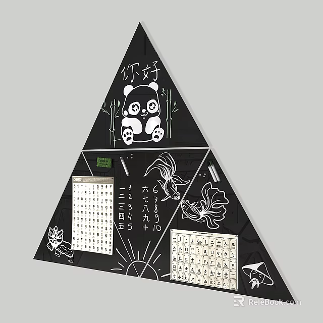 Black Triangle Pendant With Panda Design Hello Text Calendar Japanese Characters Lotus And Sun Patterns 3d model 
