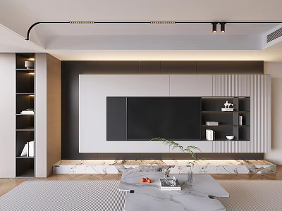Modern TV Wall Design With Floating Unit Open Shelves And Ambient Lighting 3d model