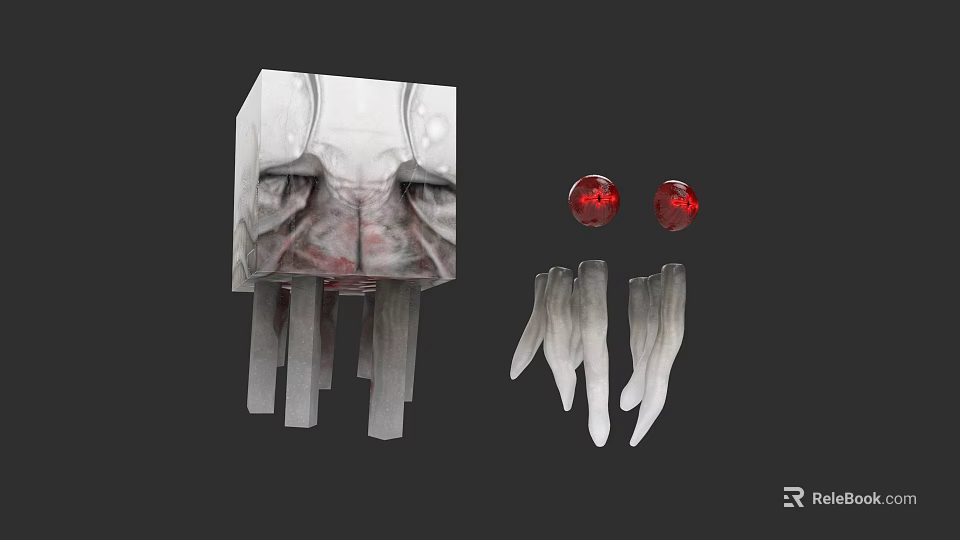 Cube Character With Closed Eyes Facial Design Red Orbs And White Wing Like Structures 3d model 