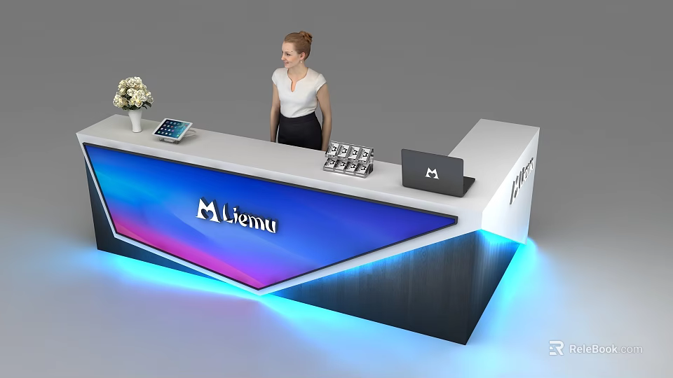 Modern Reception Desk With Colorful Gradient Logo Tablet Vase Laptop And Lighting 3d model 