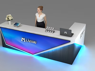 Modern Reception Desk With Colorful Gradient Logo Tablet Vase Laptop And Lighting 3d model