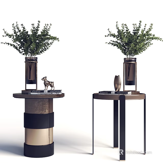 Modern Round Side Tables with Green Plants Vases Decorative Figurines and Books 3d model 