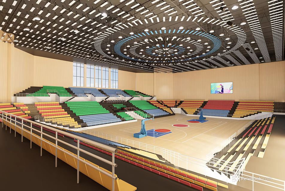 Indoor Basketball Gymnasium With Colorful Seats Modern Ceiling Lighting And Hoops 3d model 