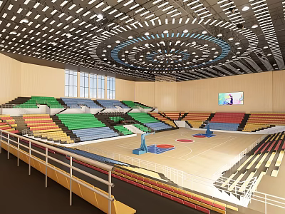 Indoor Basketball Gymnasium With Colorful Seats Modern Ceiling Lighting And Hoops 3d model