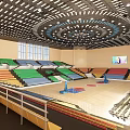 Indoor Basketball Gymnasium With Colorful Seats Modern Ceiling Lighting And Hoops