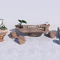 Natural Root Carving Tea Table With Stone Stools And Potted Plants For Tea Ceremony 3d model