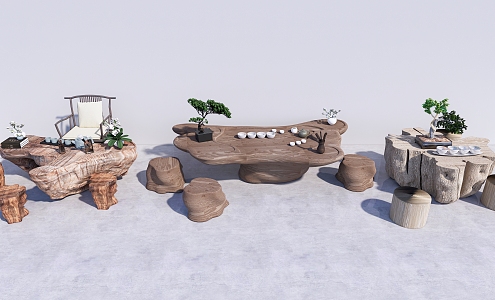 New Chinese Root Carving Tea Sea Tea Table and Chair 3d model