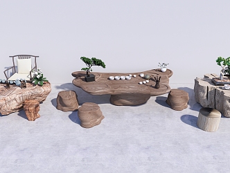 New Chinese Root Carving Tea Sea Tea Table and Chair 3d model