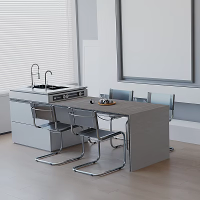 Modern Dining Table Set With Four Metal Frame Chairs And Kitchen Island 3d model