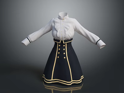 Women's White Stand Collar Blouse And Navy Blue High Waist Skirt Outfit With Gold Trim 3d model