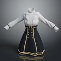 Women's White Stand Collar Blouse And Navy Blue High Waist Skirt Outfit With Gold Trim