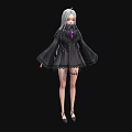 Woman With Silver White Hair Wearing Black Coat Long Sleeves Short Skirt High Heels