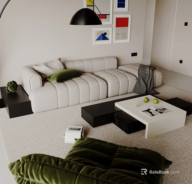 Modern Living Room Interior With White Sofa Green Cushions And Framed Artworks 3d model 