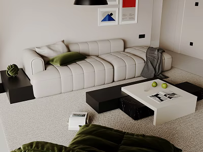 Modern Living Room Interior With White Sofa Green Cushions And Framed Artworks 3d model