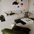 Modern Living Room Interior With White Sofa Green Cushions And Framed Artworks