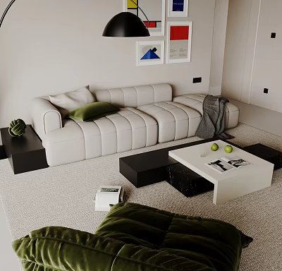 Modern Living Room Interior With White Sofa Green Cushions And Framed Artworks 3d model