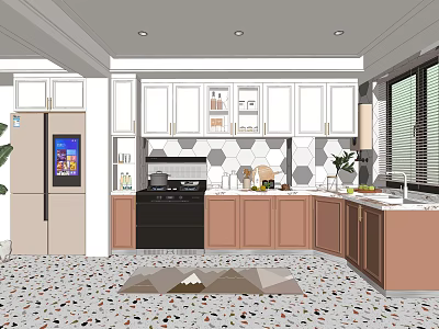 Modern Kitchen Interior With White Brown Cabinets Black Stove And Geometric Floor Tiles 3d model