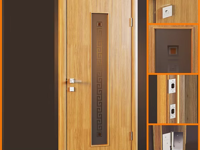 Wooden Swing Door With Glass Panel Decorative Patterns And Hinge Lock Details 3d model