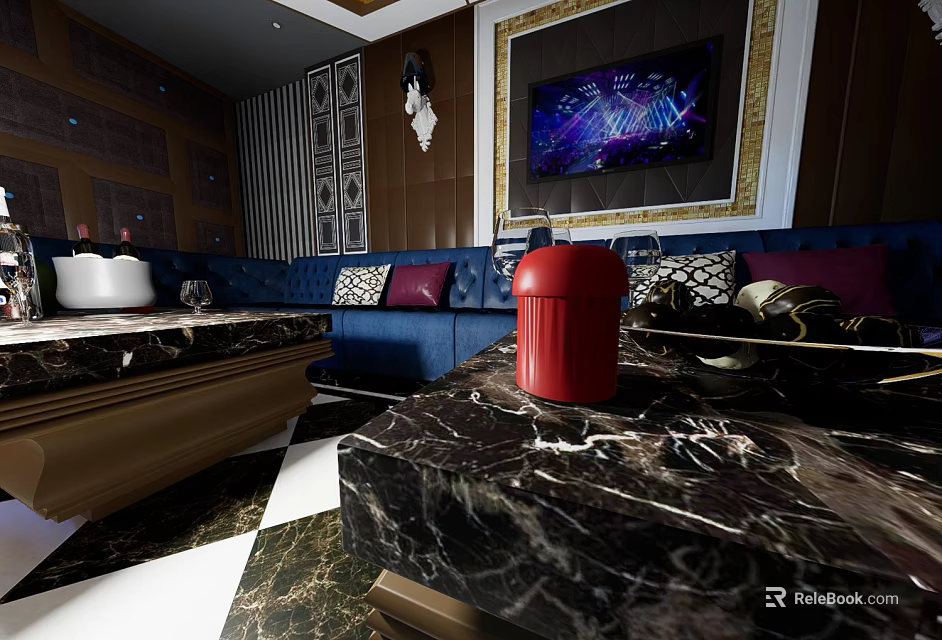 Luxury KTV Interior Design With Blue Sofa Marble Table And TV Screen 3d model