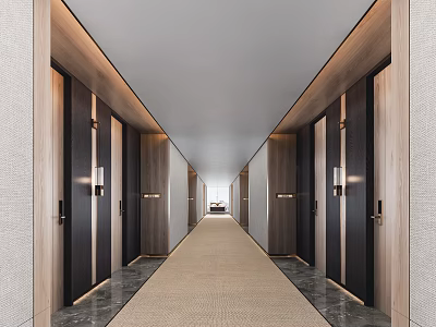 Modern Hotel Corridor With Dark Wooden Doors On Both Sides Soft Lighting And Carpeted Floor 3d model