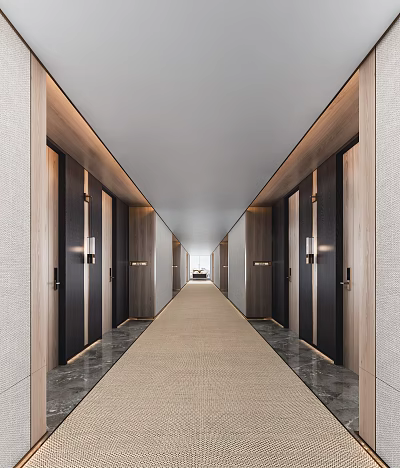 Modern Hotel Corridor With Dark Wooden Doors On Both Sides Soft Lighting And Carpeted Floor 3d model