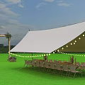 Outdoor Event Setup With Cars Display Board Curved Seats Tents And Arch