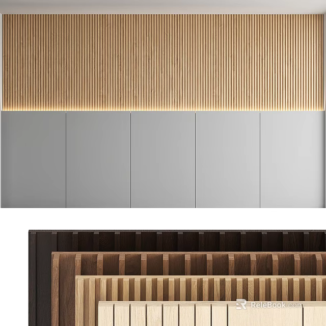 Building Components With Wooden Slats Gray Panels And Ambient Lighting 3d model 
