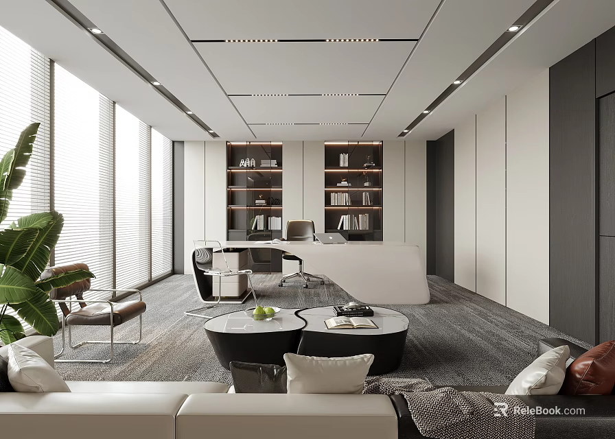 Modern Office Interior Design With Large Windows Desk Sofa Area Bookshelves And Green Plants 3d model 