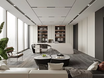 Modern Office Interior Design With Large Windows Desk Sofa Area Bookshelves And Green Plants 3d model