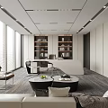 Modern Office Interior Design With Large Windows Desk Sofa Area Bookshelves And Green Plants