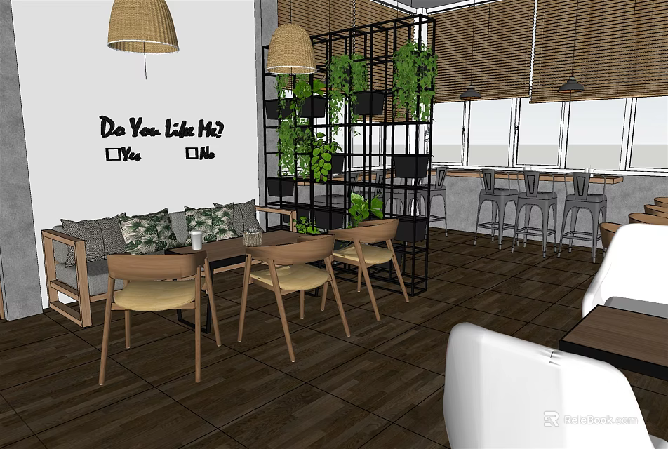 Cozy Milk Tea Shop Interior With Wooden Tables Green Plants And Hanging Lamps 3d model 