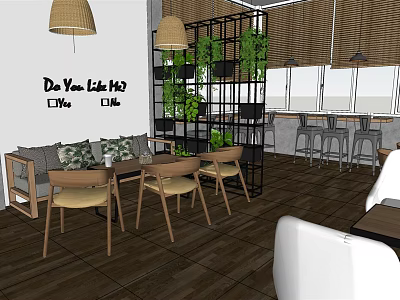 Cozy Milk Tea Shop Interior With Wooden Tables Green Plants And Hanging Lamps 3d model