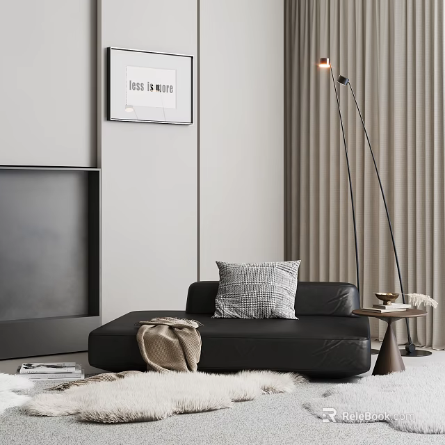Black Single Sofa with Gray Pillow Brown Blanket Floor Lamp Side Table Wall Art Curtains 3d model 