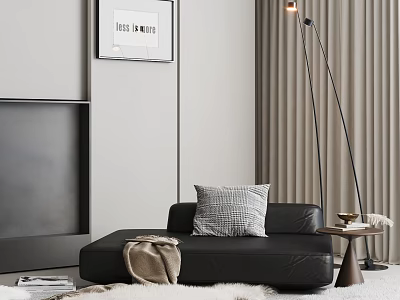 Black Single Sofa with Gray Pillow Brown Blanket Floor Lamp Side Table Wall Art Curtains 3d model