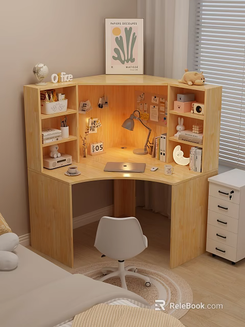 Light Wooden Corner Desk With Desk Lamp Laptop Stationery Shelves Books And White Chair 3d model 